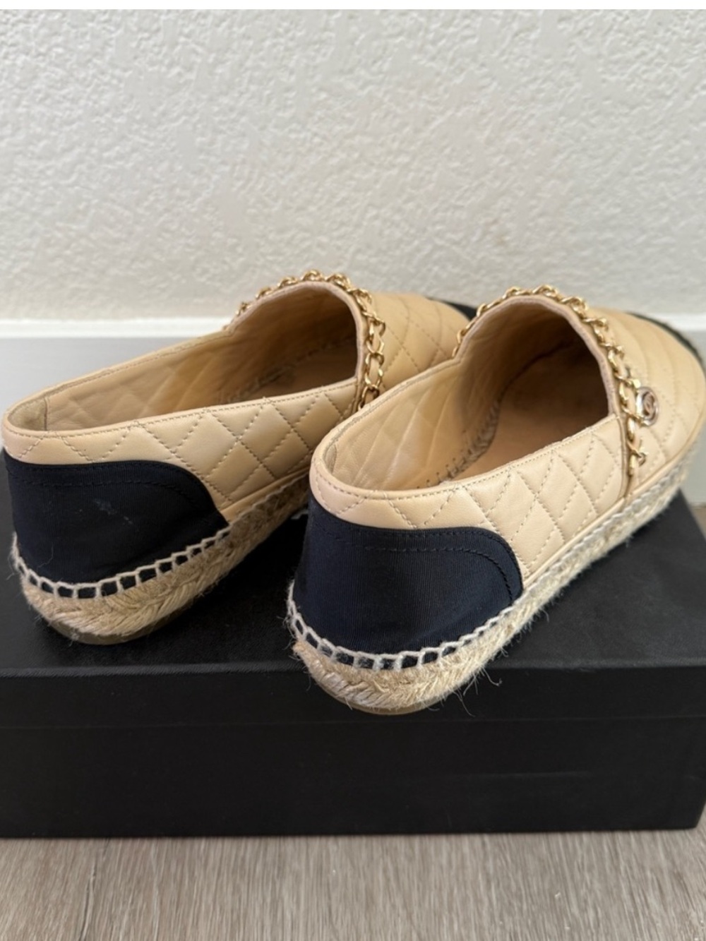 CHANEL Quilted Beige Leather Espadrilles with Black Cap Toe & Gold Chain - Picture 5 of 8